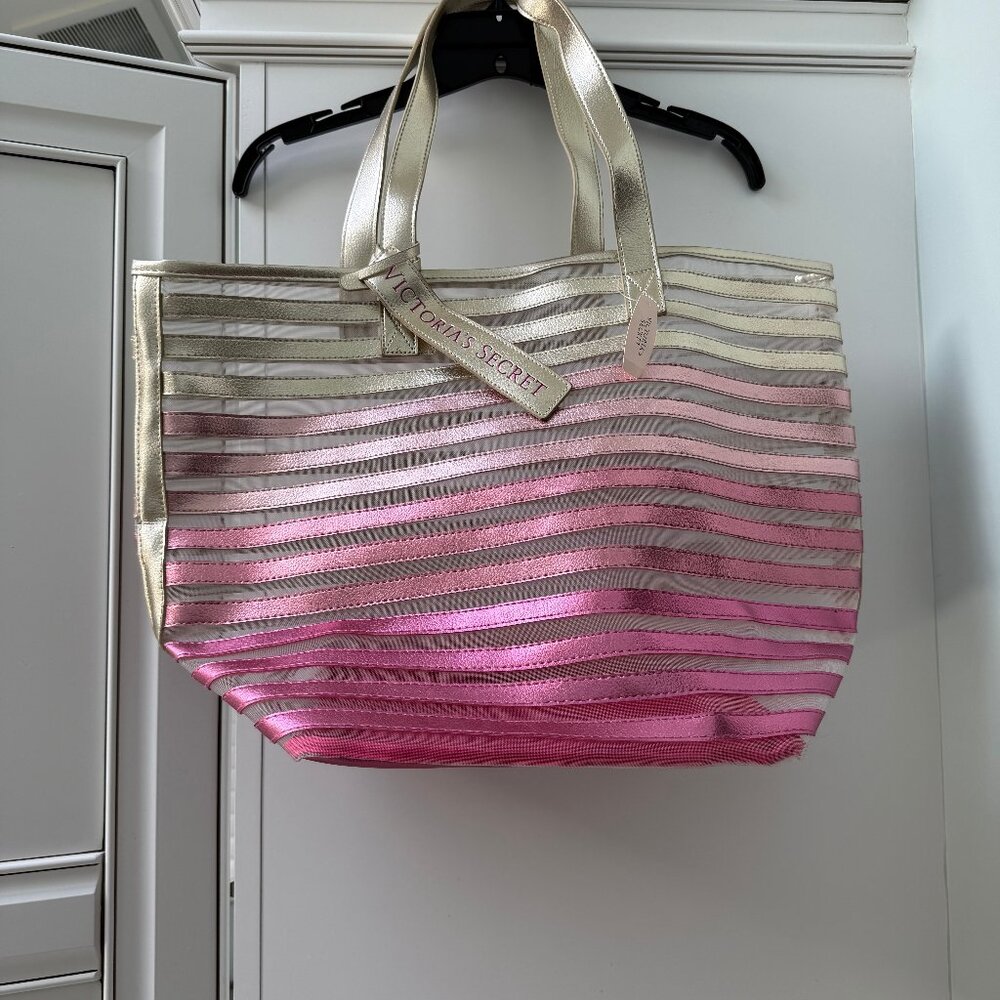NWT Victoria Secret Large Ombre Gold & Pink Striped Tote Bag